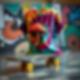 Vibrant mushroom tie dye shirt displayed on a skateboard