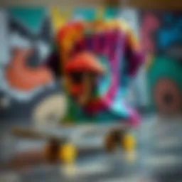 Vibrant mushroom tie dye shirt displayed on a skateboard