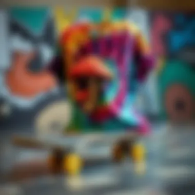 Vibrant mushroom tie dye shirt displayed on a skateboard