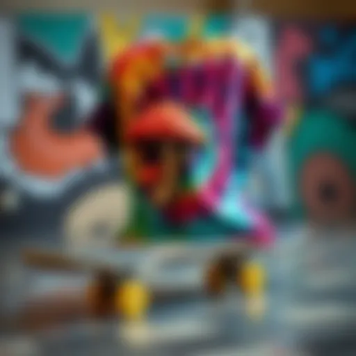 Vibrant Mushroom Tie Dye Shirt on Skateboard Vibrant mushroom tie dye shirt displayed on a skateboard