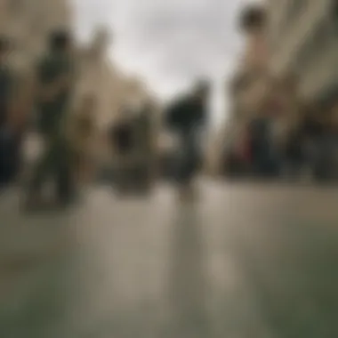 Group of skateboarders in an urban setting highlighting the olive green levi