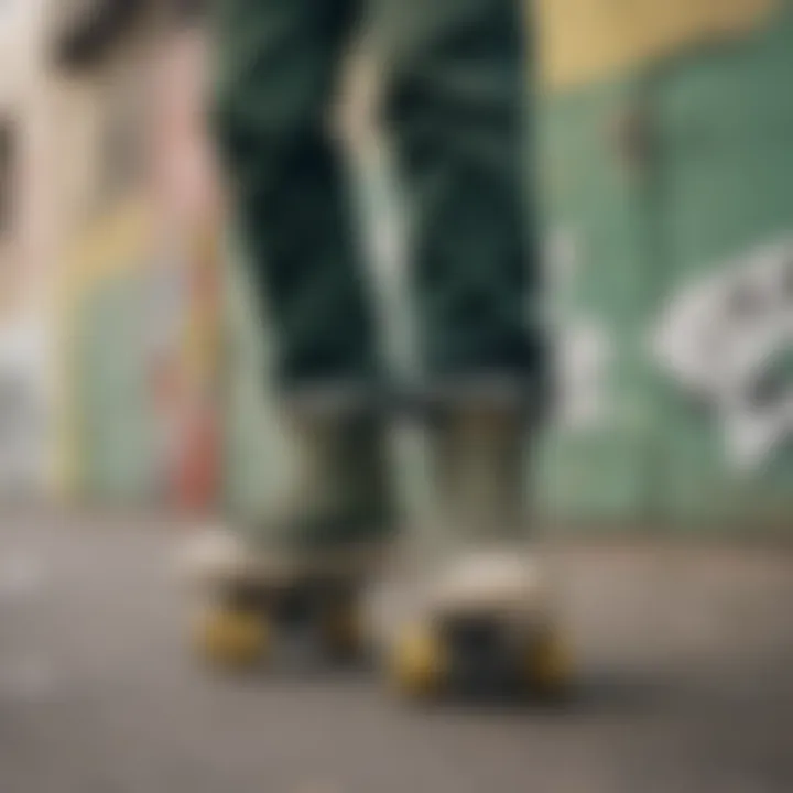 Olive green levi paired with skate gear against graffiti background