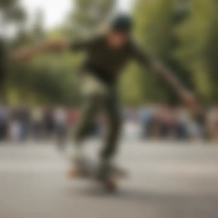 Skater performing a trick while wearing an olive green levi