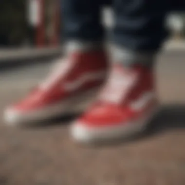 Close-up view of the red slide feature on Vans shoes showcasing its texture and design.