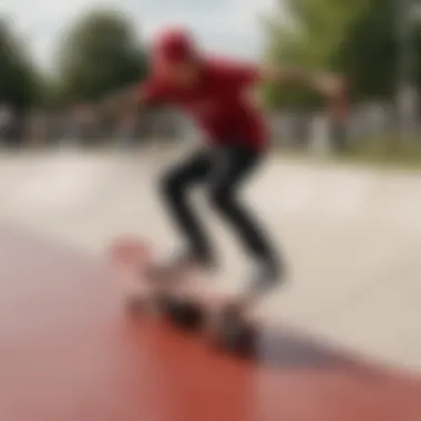 A skater demonstrating the red slide on Vans while performing a trick at a skate park.