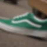 A close-up view of the Vans Old Skool Green showcasing its iconic side stripe and unique color.