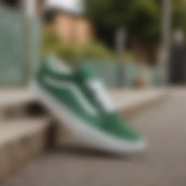 An outdoor skateboarding scene featuring the Vans Old Skool Green in action.