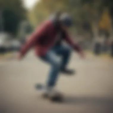 Skateboarder wearing plaid flannel with hood performing a trick