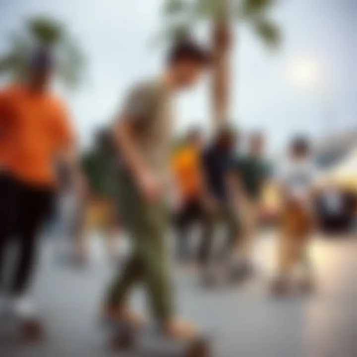 A group of skaters engaged in a session, all in skinny khaki