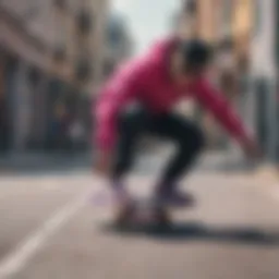 Dynamic skateboarding scene showcasing vibrant magenta gear.
