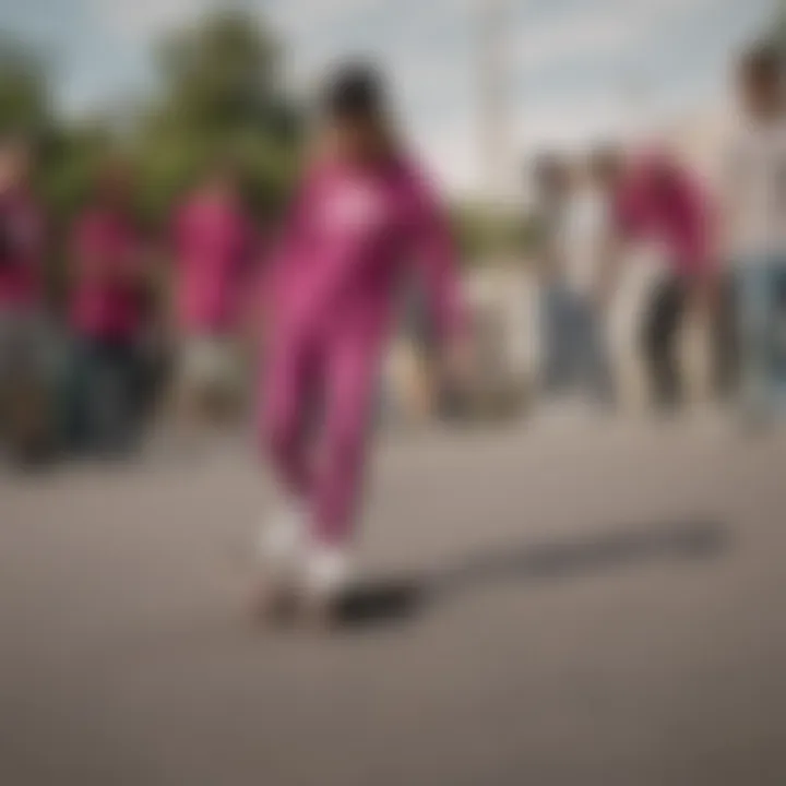 Group of skaters expressing their style with Magenta Adidas apparel.