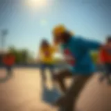 Dynamic skateboarding scene showcasing vibrant graphic tees