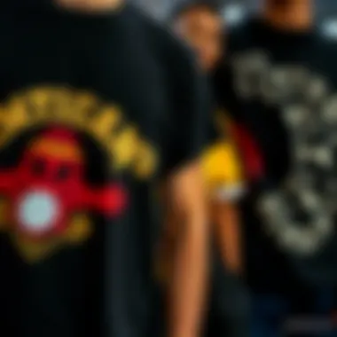 Close-up of unique graphic designs on skate tees