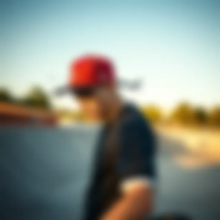 A skateboarder wearing a snapback hat while performing a trick at a skatepark.