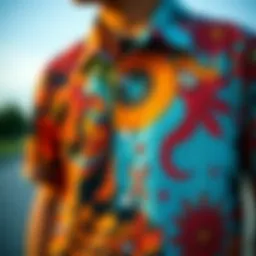A close-up of a unique button-up shirt featuring vibrant patterns, showcasing the essence of skate culture.