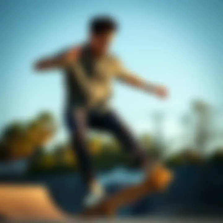 Style Meets Functionality in Action A skateboarder wearing a stylish button-up shirt while performing a trick at a skate park.