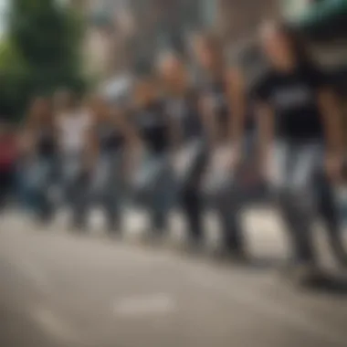 Group of skaters wearing Vans Chalkboard Leggings in urban environment