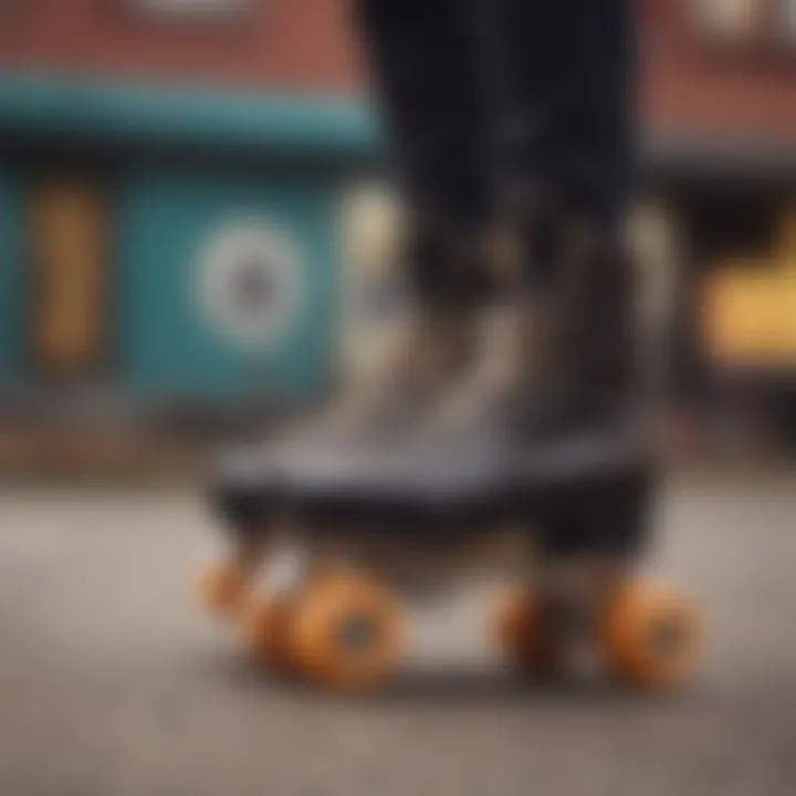 An artistic display of retro roller skates against a vibrant backdrop.