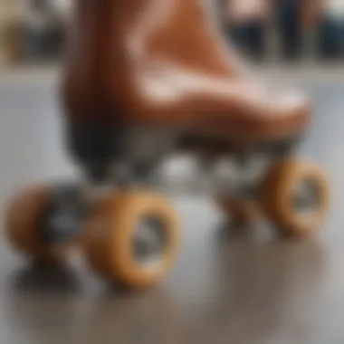 Close-up of a vintage roller skate, highlighting its intricate detailing and craftsmanship.