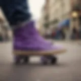 A skateboarder showcasing violet shoes during a trick