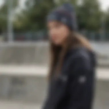 Stylish individual wearing the Adidas beanie in an urban skate park setting.