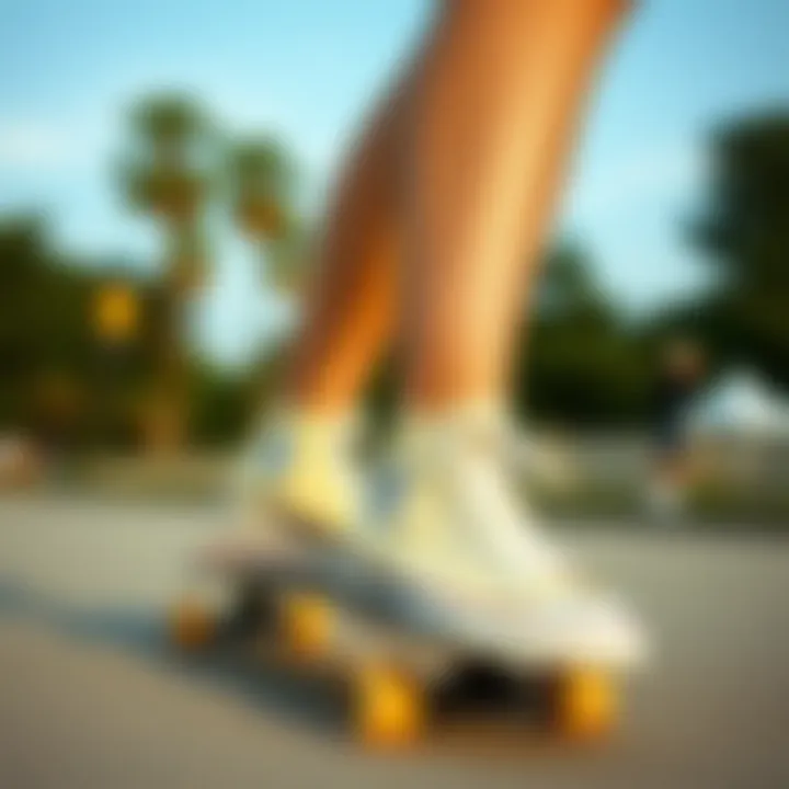 A stylish individual wearing cream Converse while skateboard riding
