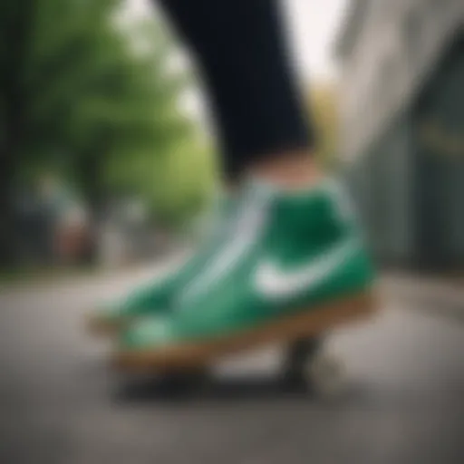 Stylish Green Nike Blazers on a skateboard