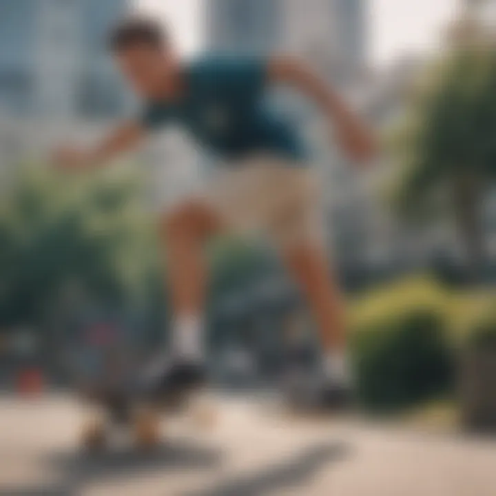 Dynamic skateboarder showcasing athletic shorts in action