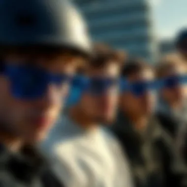 Group of Skaters in Blue Glasses A fashionable group of skaters showcasing blue square frame glasses