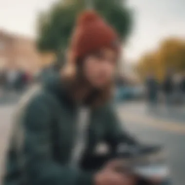 A cozy beanie being worn by a skater in an urban setting