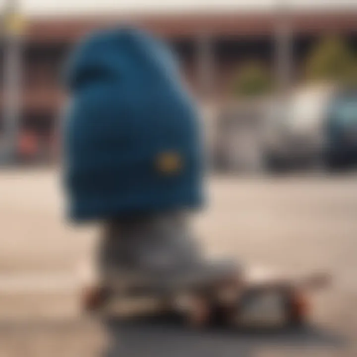 A selection of stylish beanies displayed on a skateboard