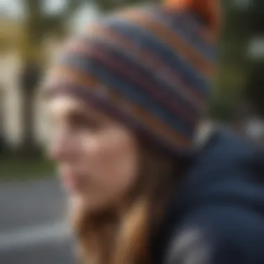 A close-up of a beanie with unique patterns and colors