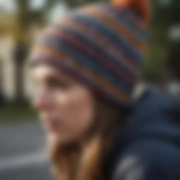 A close-up of a beanie with unique patterns and colors