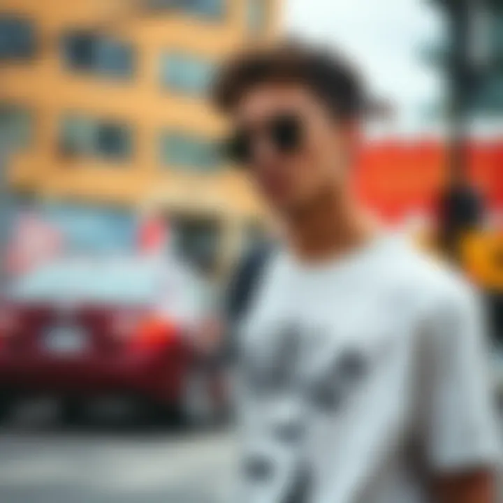 Trendy individual wearing a graphic tee in an urban setting