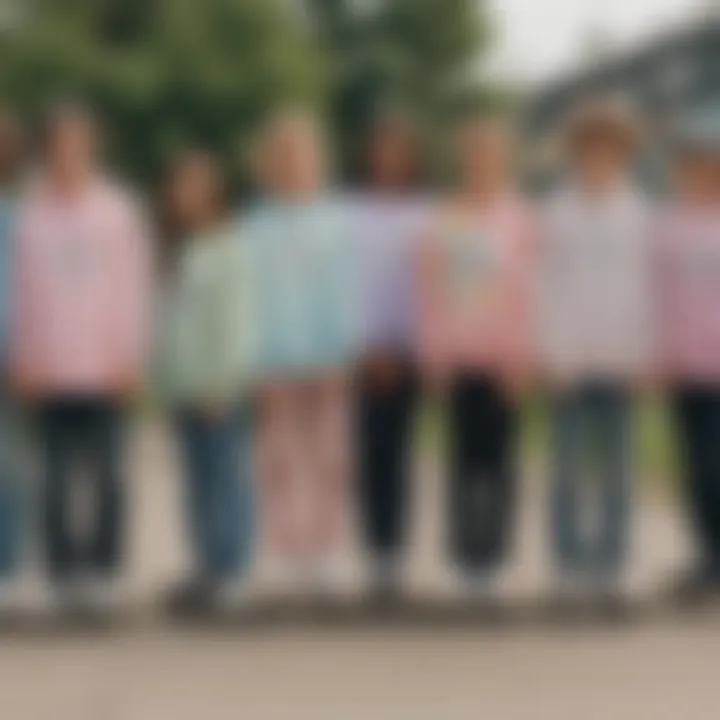 A group of skaters gathered, all wearing colorful pastel tie dye sweatshirts.