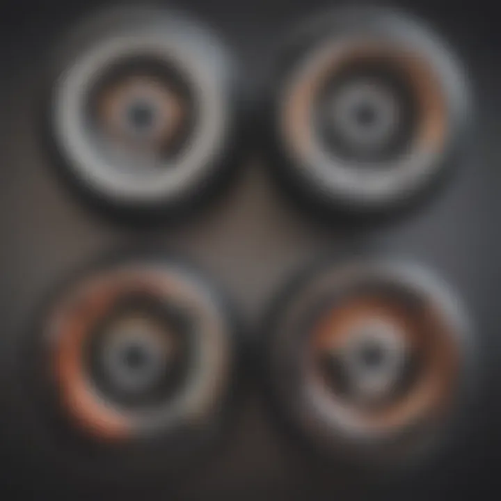 Close-up of skateboard wheels showcasing different types