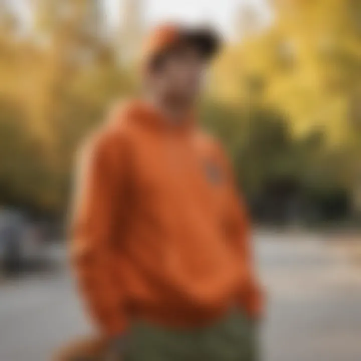 Hunter orange sweatshirt displayed against a backdrop of outdoor scenery