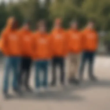 Group of skateboarders wearing hunter orange sweatshirts at a skate park