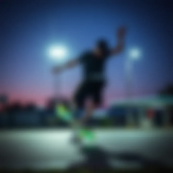 Skater performing tricks at dusk with illuminated skateboard