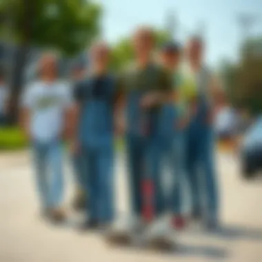 Group of skateboarders wearing diverse styles of overalls