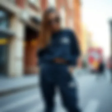 A fashion-forward individual sporting stylish sweatpants in an urban setting.