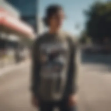 Skateboarder Showcasing Long Sleeve Graphic Design Skateboarder wearing a stylish long sleeve graphic tee