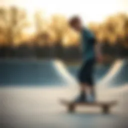 A young skater poised on their board at the skate park