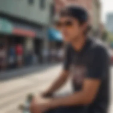 Skateboarder wearing Pit Viper sunglasses in an urban environment