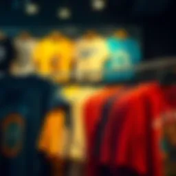 A vibrant collection of graphic tees displayed on hangers in a trendy boutique