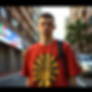 Unique Graphic Tee in Urban Setting A street style shot featuring an individual wearing a unique graphic tee in an urban setting