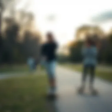 Longboard enthusiasts riding through a scenic park.