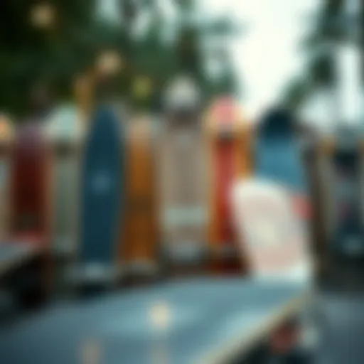 An array of longboards showcasing various designs and styles.