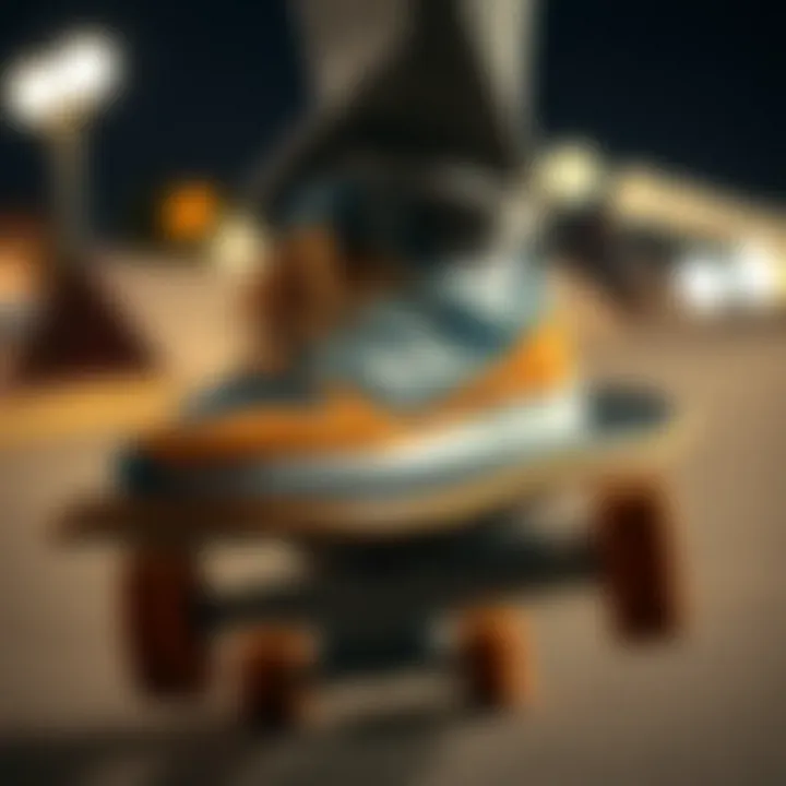 Close-up of New Balance lifestyle shoes on skateboard