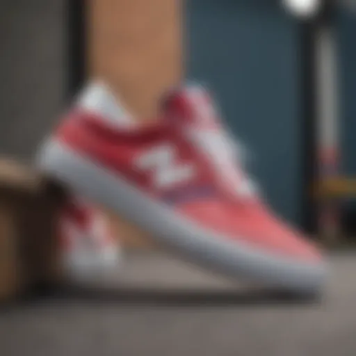 A close-up view of New Balance skate shoes featuring red, white, and blue colors